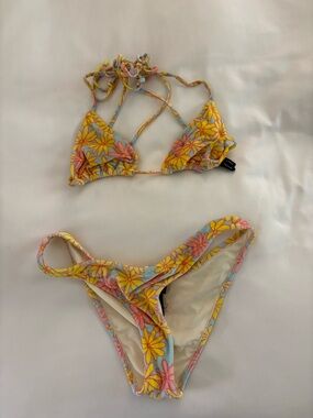 Yellow Floral Triangle Bikini Set xs top small bottoms